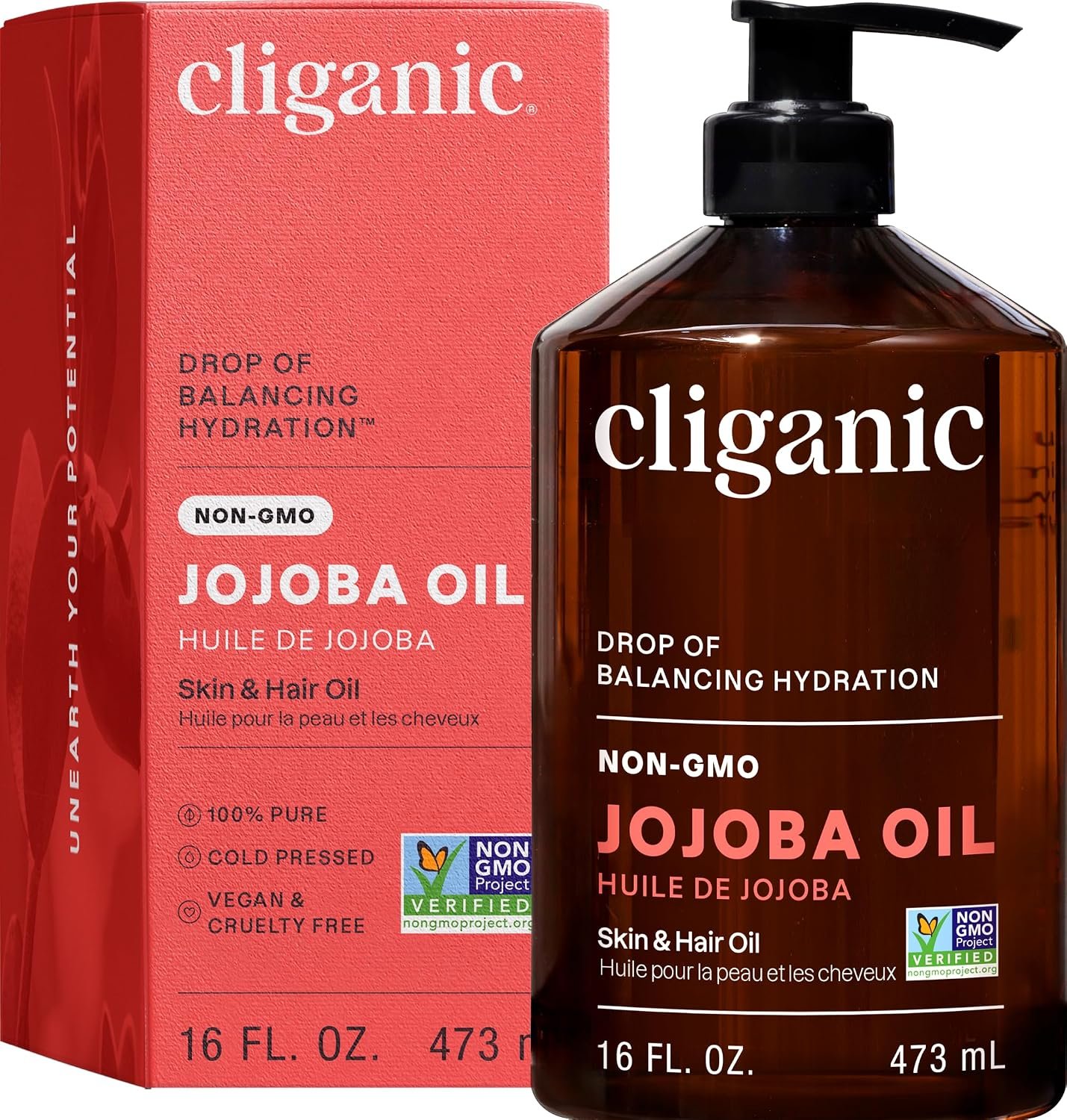 Cliganic Jojoba Oil ,100%, Non-GMO, Cold Pressed for Face, Hair & Skin 16oz
