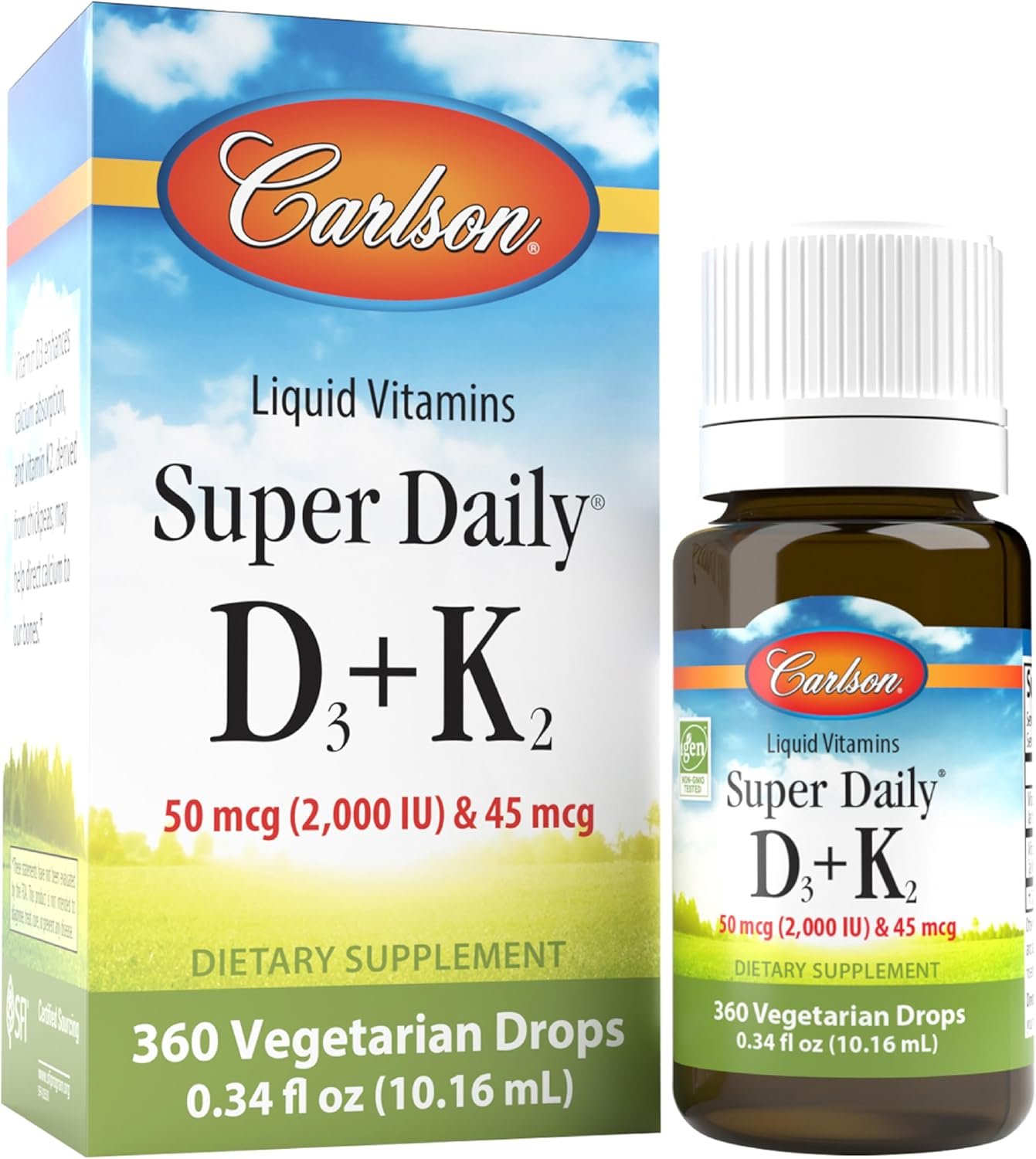 Carlson Super Daily D3 + K2, 50 mcg (2000 IU), 360 Drops (10.16 mL)