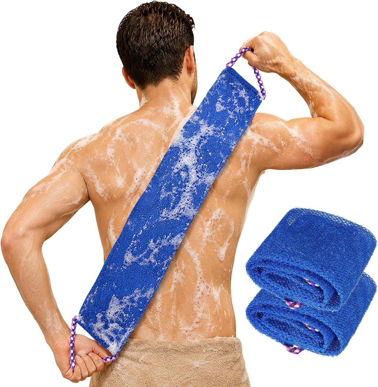 Yookat 2PCS Dual-Textured Exfoliating Washcloth Towel Body Back Scrubber with Handle Japanese Shower Towel Exfoliate Loofah Lufa Sponge Wash Cloth for Women Men Use in Shower Bath