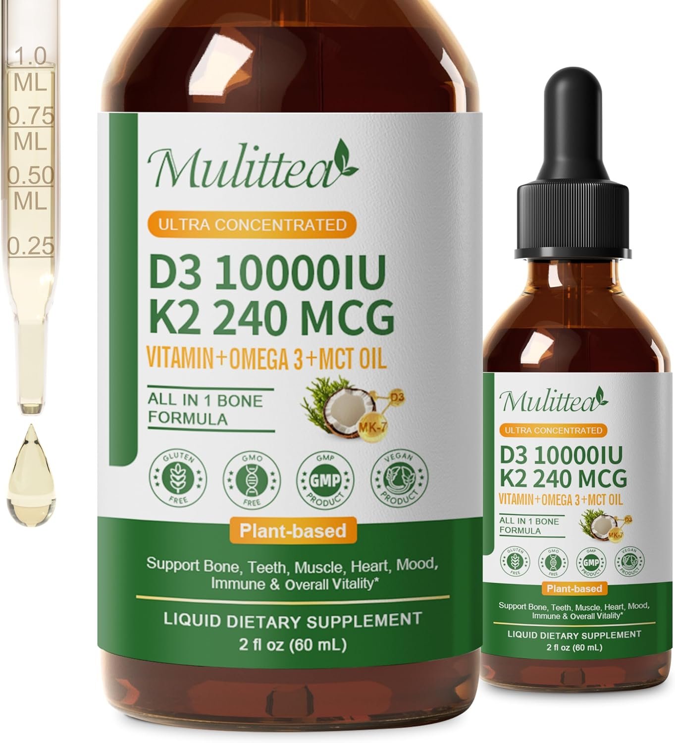 Mulittea (2 Pack) Vitamin D3 K2 Liquid 10000 IU w/ MK7, Omega-3 & MCT Oil