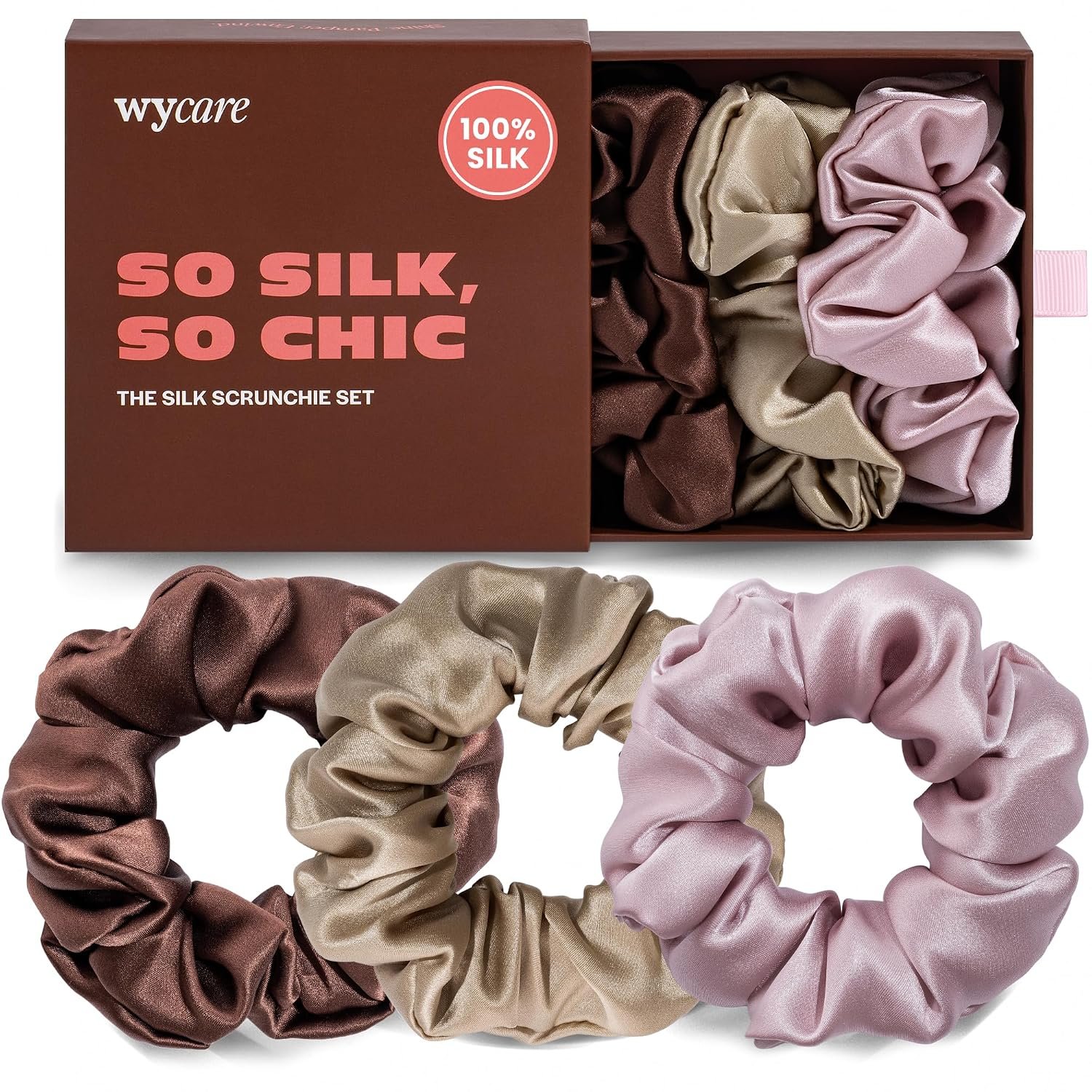 Wycare 100% Silk Scrunchies – Mulberry Silk Hair Ties (Set of 3 Nude)