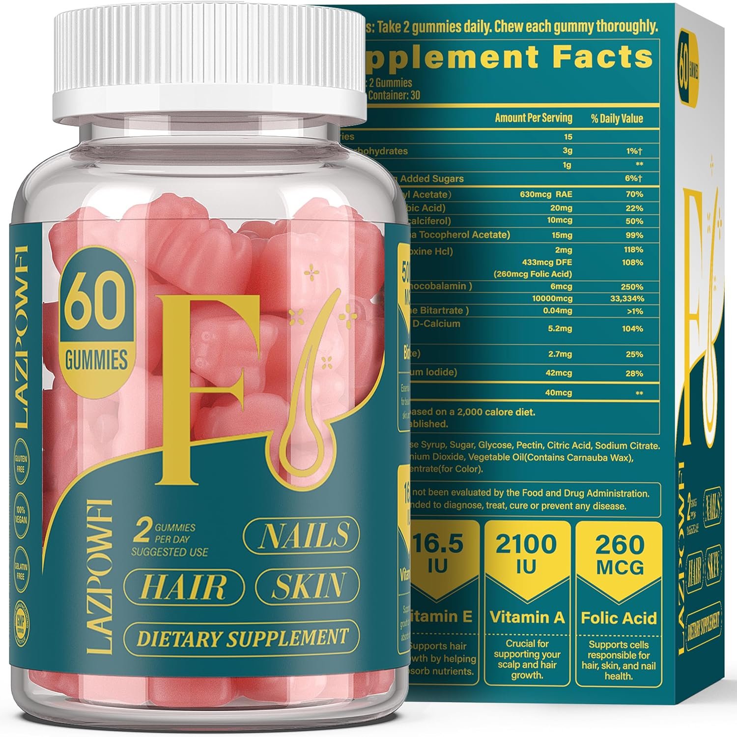 Biotin Gummies -Hair Skin and Nails Vitamins for Men & Women, Vegan Vitamin B7, Supports Hair Growth and Stronger Nails,30 Day Supply – Raspberry-60 Count