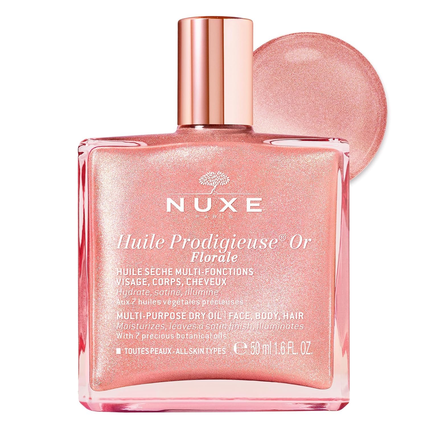 NUXE Floral Shimmering Body Oil for Face, Body and Hair, Moisturizing Body Glow Oil, Fast Absorbing with Rose Gold Shimmer, Fresh Floral Fragrance & Botanical Oils, Huile Prodigieuse