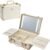 Faquenc Lighted Makeup Case with Detachable Tray, Beige Vegan Leather Makeup Box Rechargable 3-Color LED Mirror, Travel Train Case Makeup Bag Organizer with Champagne Alloy