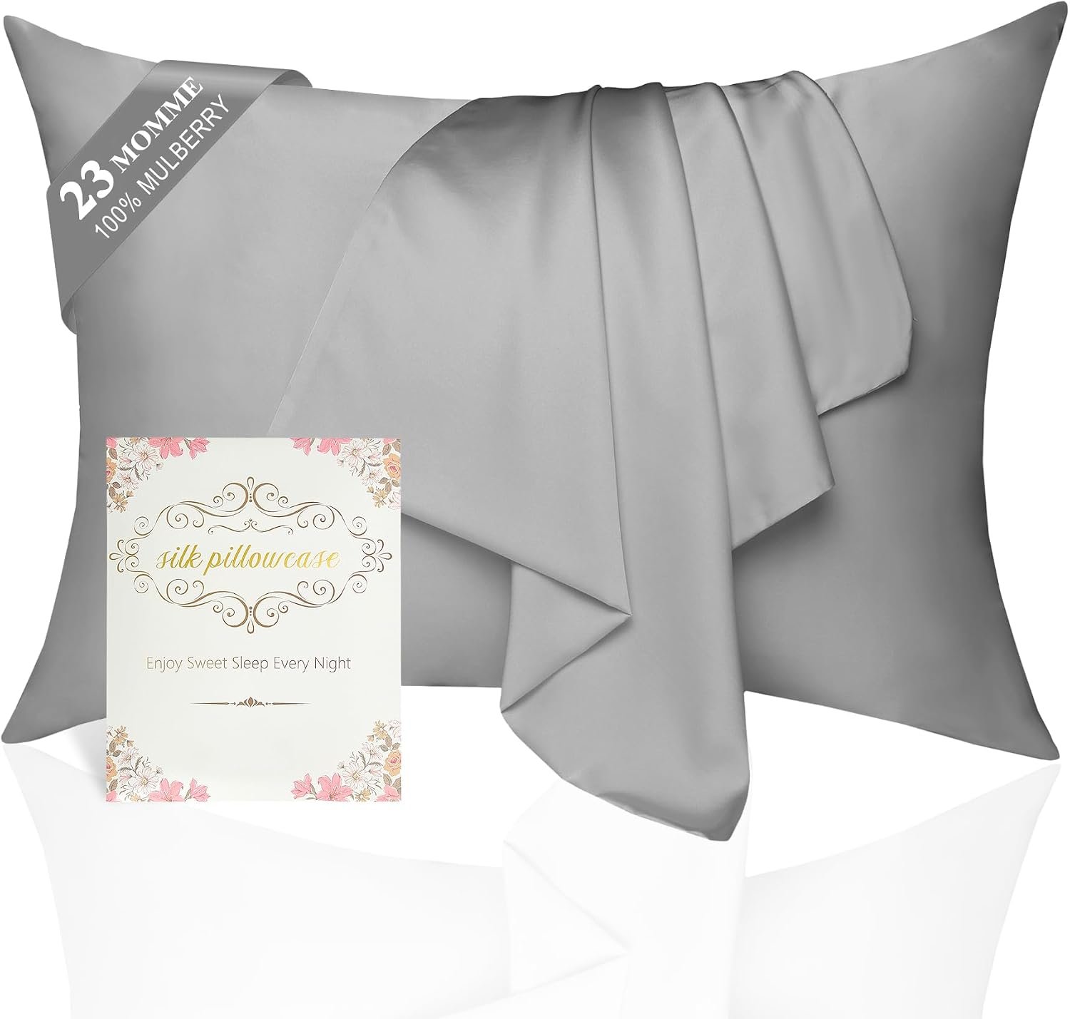 100% Mulberry Silk Pillowcase 2 Pack for Hair and Skin,Standard Size 6A Grade 23 Momme Pure Natural Silk Pillow Case,Soft Silk Pillow Cases with Hidden Zipper (Grey, Standard(20”×26”))