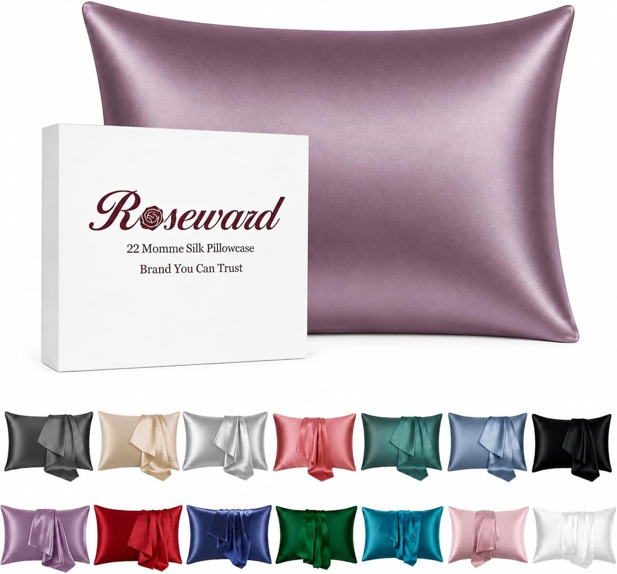 100% Mulberry Silk Pillowcase for Hair and Skin, 22 Momme, USA, Hypoallergenic Cooling Anti-Wrinkle Pillow Case with Zipper, 20″ x 26″, 1 Pack (Standard, Pastel Mauve-Plum)
