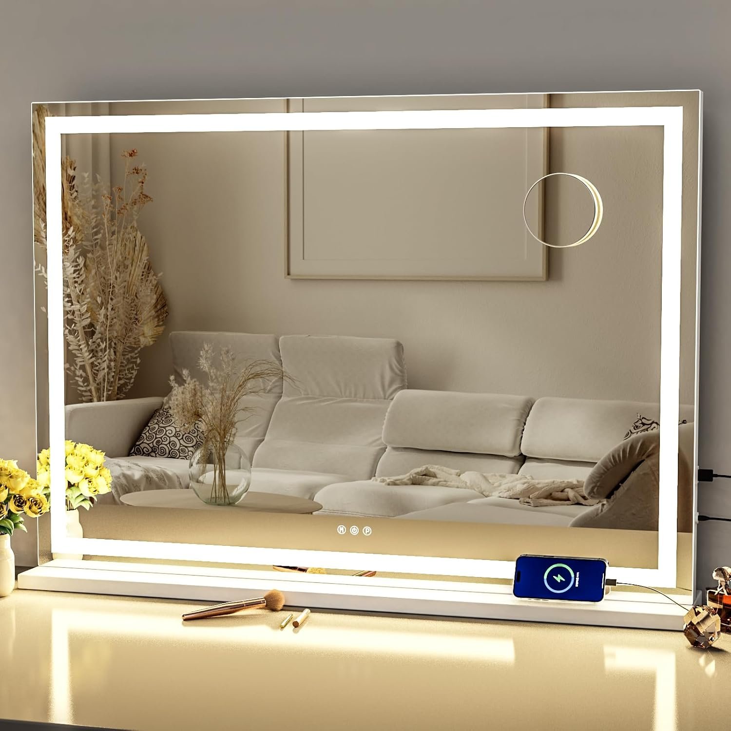Gvnkvn Makeup Vanity Mirror with Lights 32″ x 24″ Large LED Makeup Mirror, Light up Mirror with 10X Magnification and USB Charging Port, Dimmable 3 Modes, Touch Screen Control Square Corner