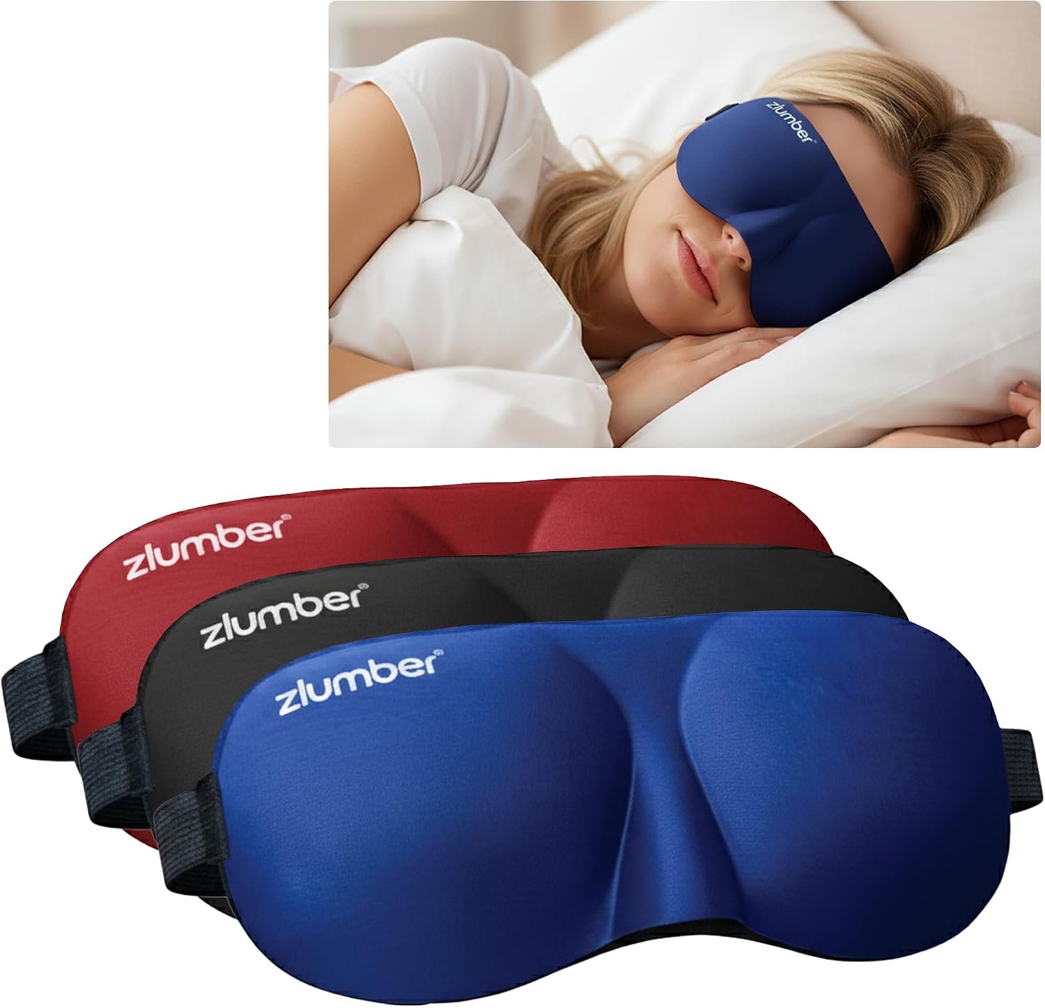 ZLUMBER Eyemasks for Sleeping 3 Pack – Eye Sleep Mask & Blindfold for Sleeping Men Women, 100% Blackout 3D Contoured Face Mask Sleep, Night Masks for Sleeping Men Side Sleepers, Adjustable