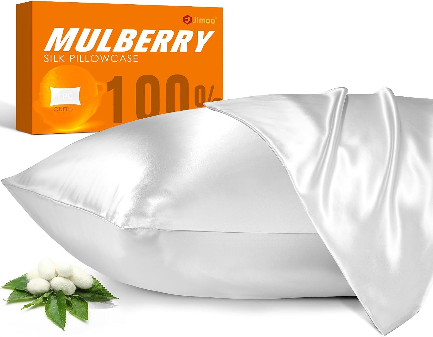 100% Mulberry Silk Pillowcase for Hair and Skin, 22 Momme Pure Natural Silk Pillow Case Both Sided with Zipper, Pillow Cover for Women Mom Men (White, Queen 20”×30”, 1 Pack)