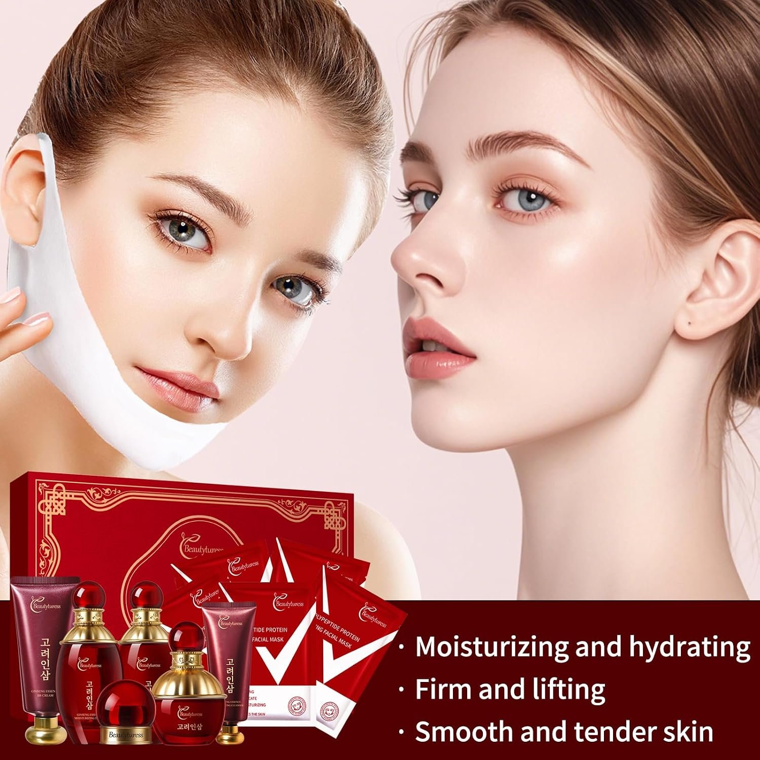 Red Ginseng Skincare Set for Women, – Anti-Aging Facial Care Kit with Toner, Emulsion, Essence, Cream, Eye Cream, Cleanser & Facial Neck Masks – Hydrating Daily Skin Gift Set
