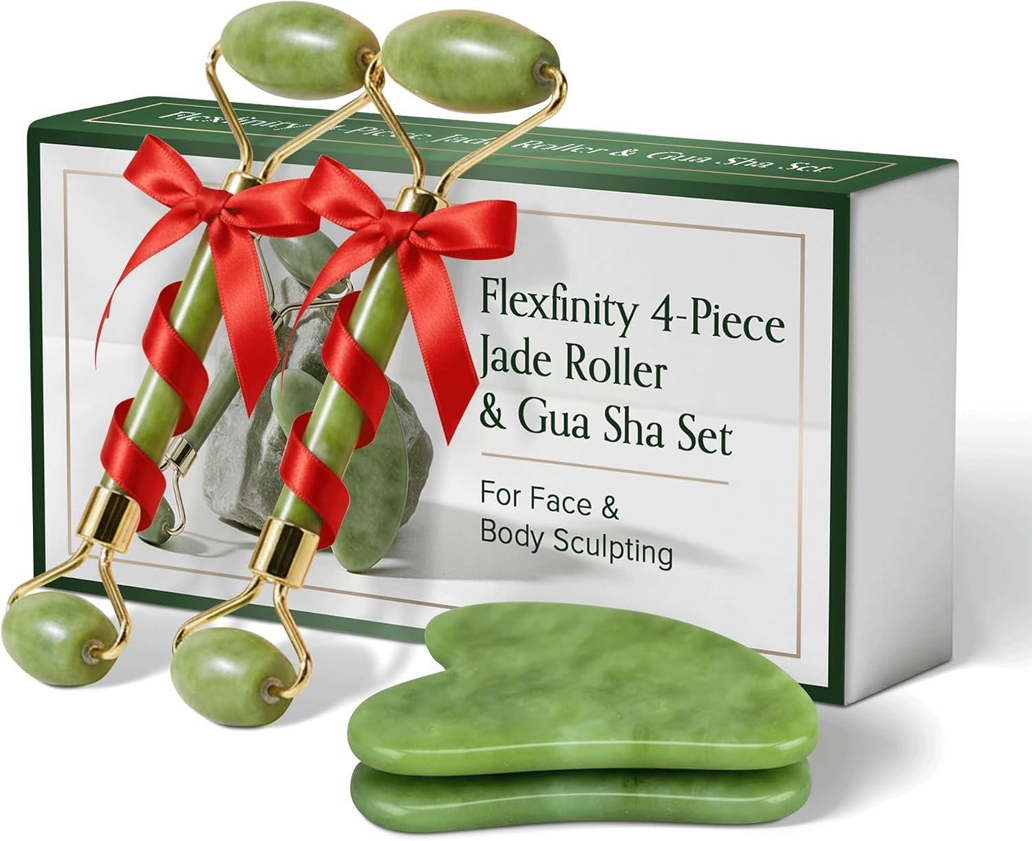 Jade Roller and Gua Sha Set for Face & Body – 4-Piece Authentic Jade Facial Roller Kit with Jade Eye Roller and Gua Sha Facial Tools for Sculpting,Puffiness Reduction, Lymphatic Drainage & Spa Massage
