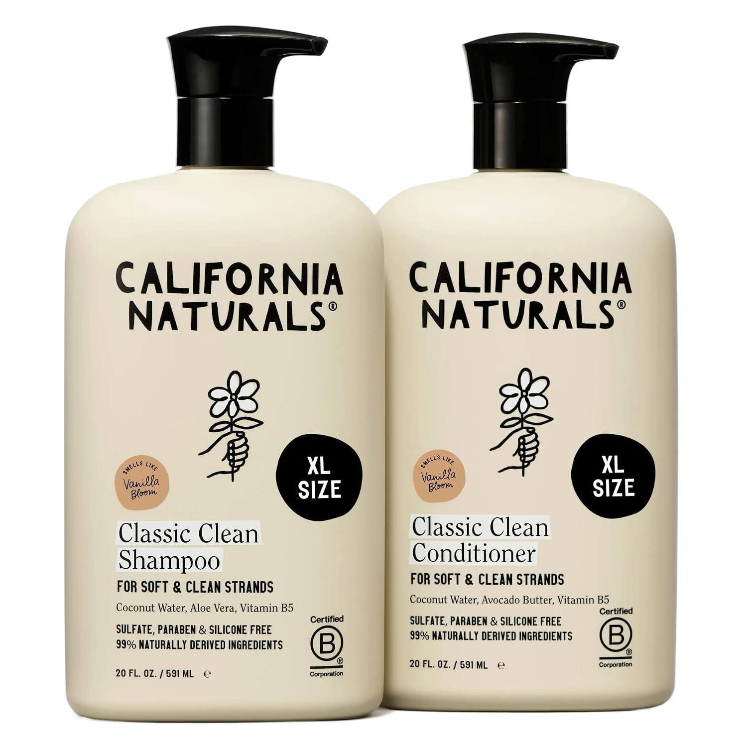 California Naturals Classic Clean Vanilla Bloom Shampoo Conditioner Set, Natural, Vegan, Cruelty, Silicone, Paraben, and Sulfate Free, All Hair Types, 20 Fl Oz