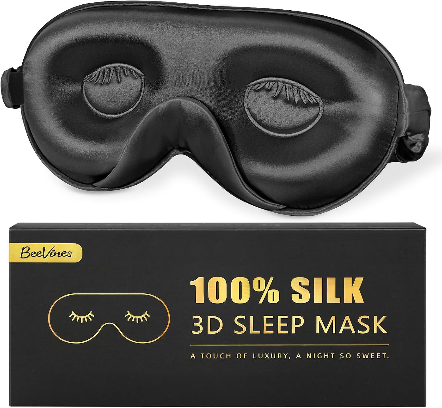 BeeVines 22 Momme Silk Sleep Mask, 3D Contoured Eye Masks for Women (Black)