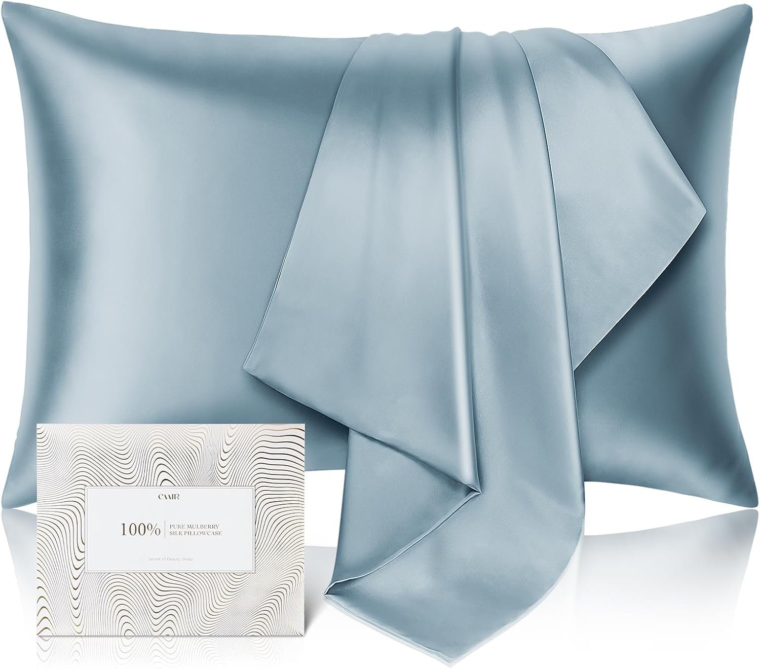 CAAIR 100% Pure Mulberry Silk Pillowcase for Hair and Skin – Allergen Resistant Dual Sides,600 Thread Count Silk Bed Pillow Cases with Hidden Zipper,1pc,King Size,Grey Blue