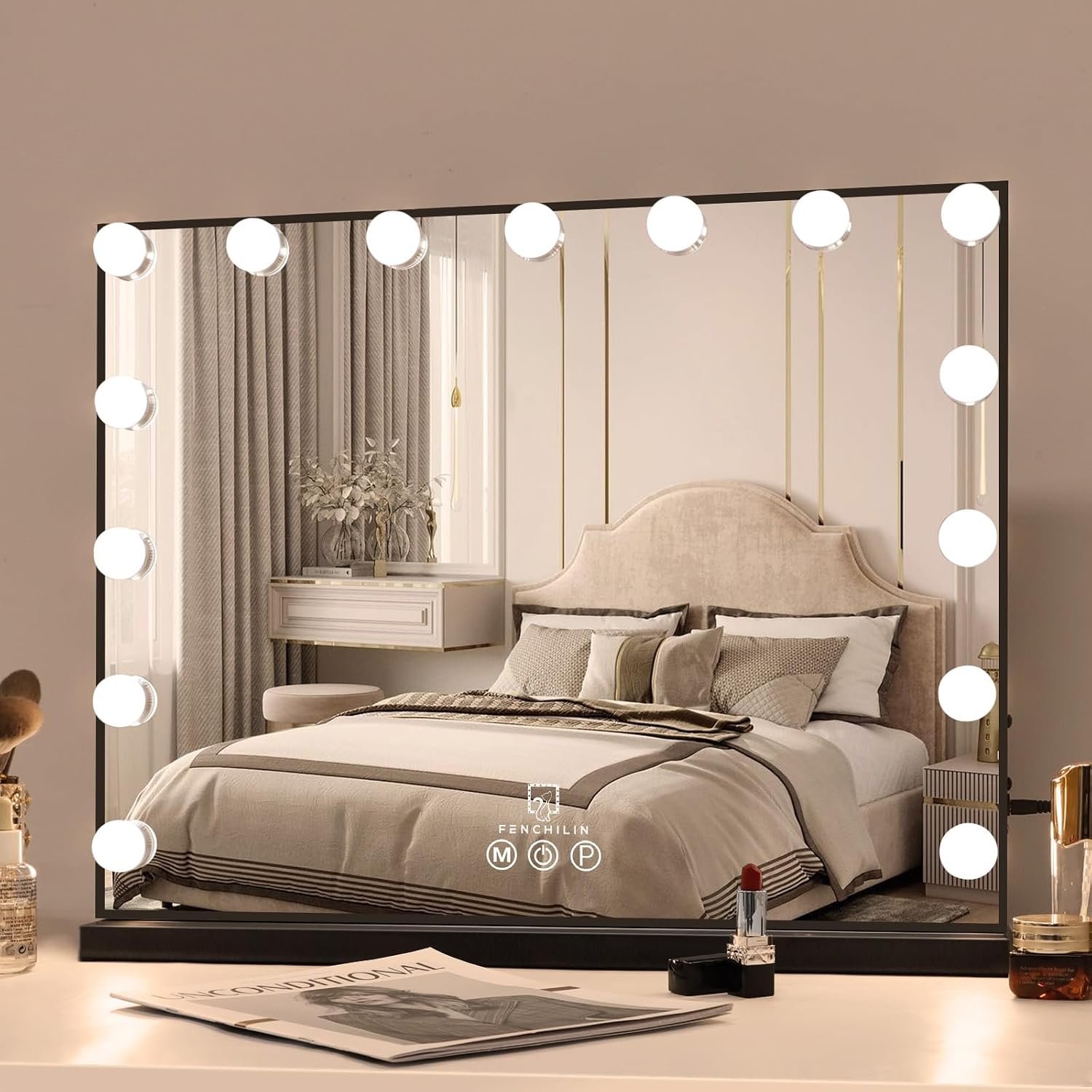 FENCHILIN Vanity Mirror with Lights 22.8”x 18.1”, Hollywood Lighted Mirror with Dimmer Bulbs, Vanity Makeup Mirror Smart Touch Control, Tabletop, Black