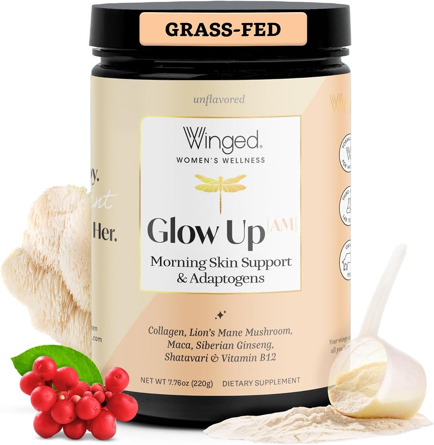 Winged Wellness Glow Up AM, Collagen Powder for Women, 21 Servings