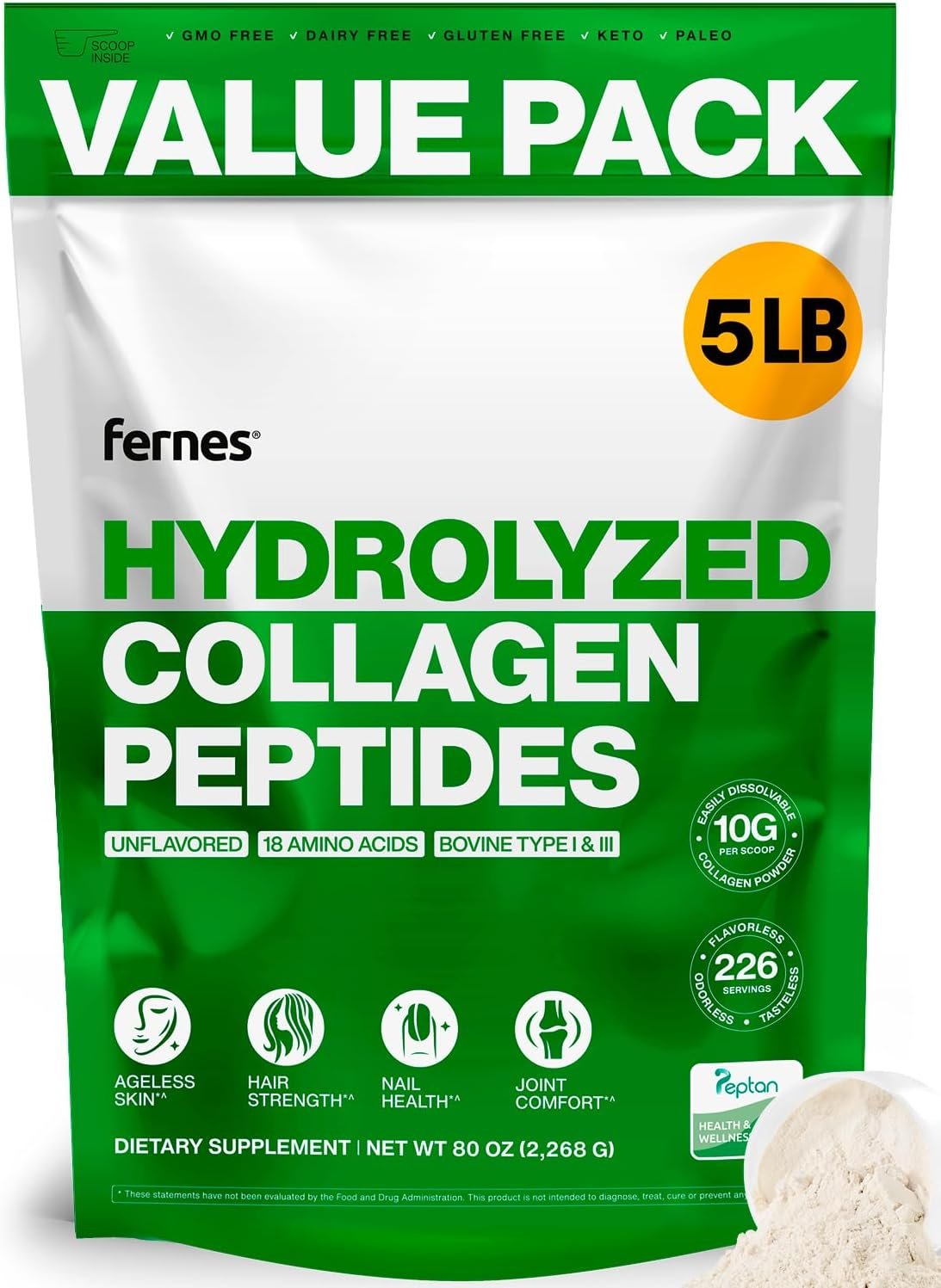 Collagen Powder for Women Men (5LB) Type I & III Flavorless & Odorless Easy-Mix Hydrolyzed Peptan Protein Peptides Joint Hair Skin & Nail Support Gluten-Free Non-GMO Keto Paleo