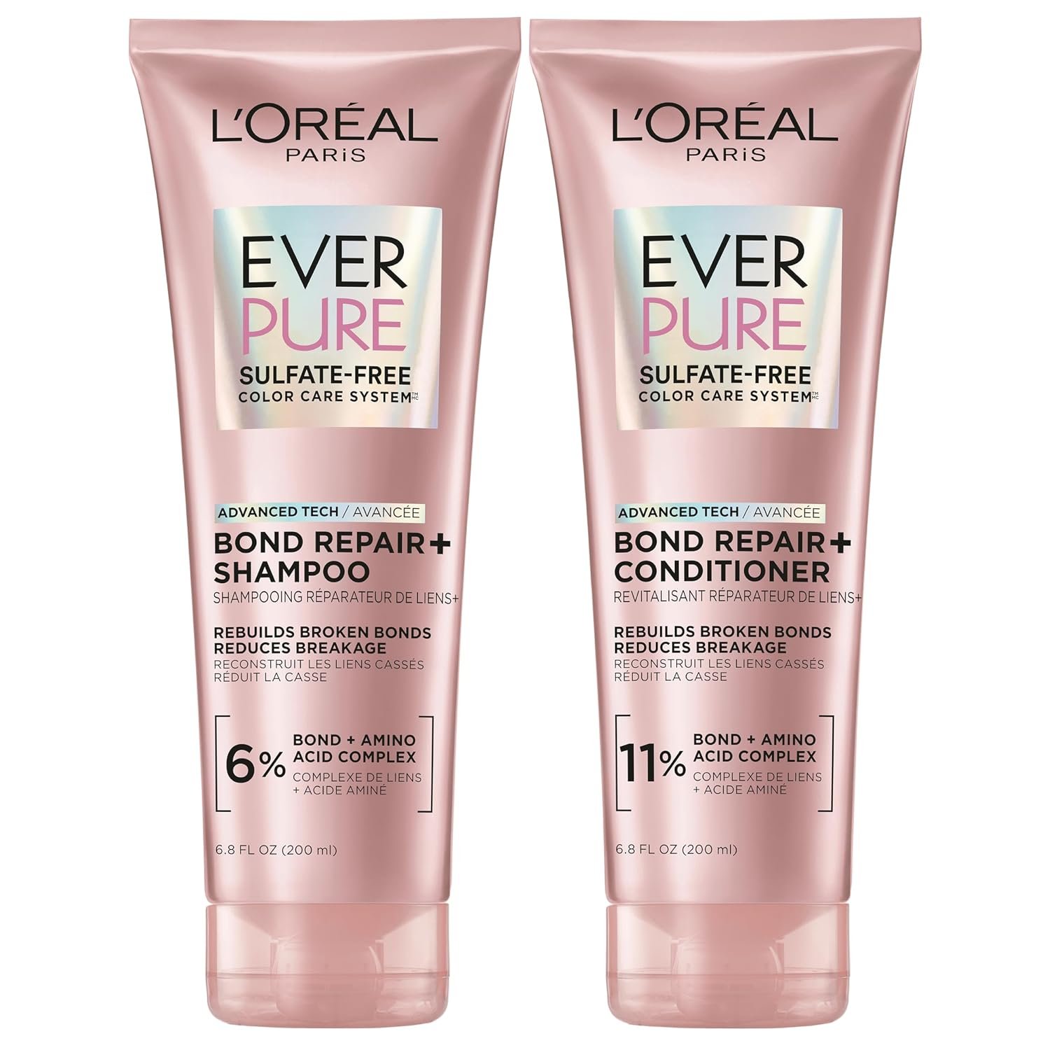 L’Oreal Paris Sulfate Free Bond Repair+ Shampoo and Conditioner Set with Bond + Amino Acid Complex, Strengthens and Repairs Damaged or Color Treated Hair, EverPure, 13.6 Fl Oz Set (Packaging May Vary)