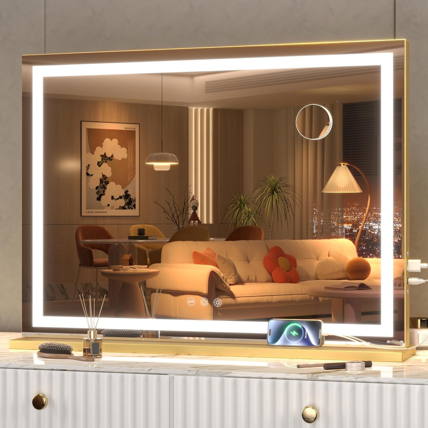 Hasipu Vanity Mirror with Lights, 32″ x 22″ LED Makeup Mirror, Lighted Makeup Mirror with Dimmable 3 Modes, Touch Screen Control Vanity Mirror Square Gold
