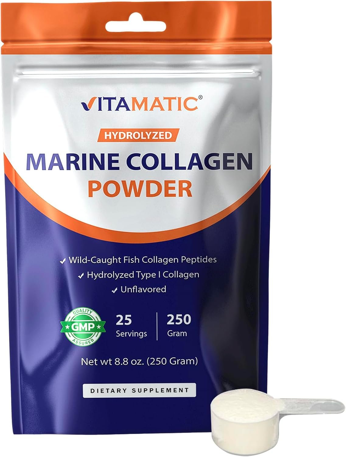 Vitamatic Hydrolyzed Marine Collagen Powder 250g (8.8 oz) – Wild-Caught Fish Collagen Peptides – Type I Collagen – Unflavored Protein Powder – 10g per Serving