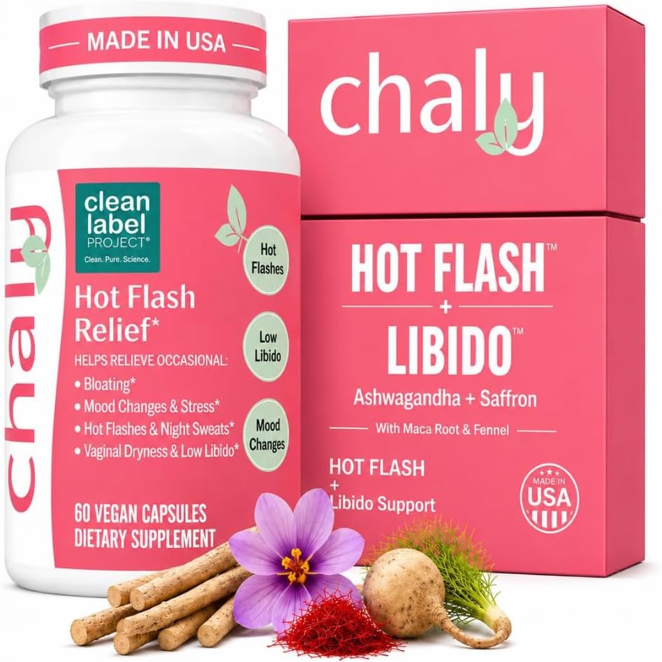 Chaly Non-Hormonal Menopause & Perimenopause Supplement – Clean Label Project Certified KSM 66 Ashwagandha & Affron Saffron for Hot Flashes, Night Sweats, Mood & Libido – 60 Vegan Capsules