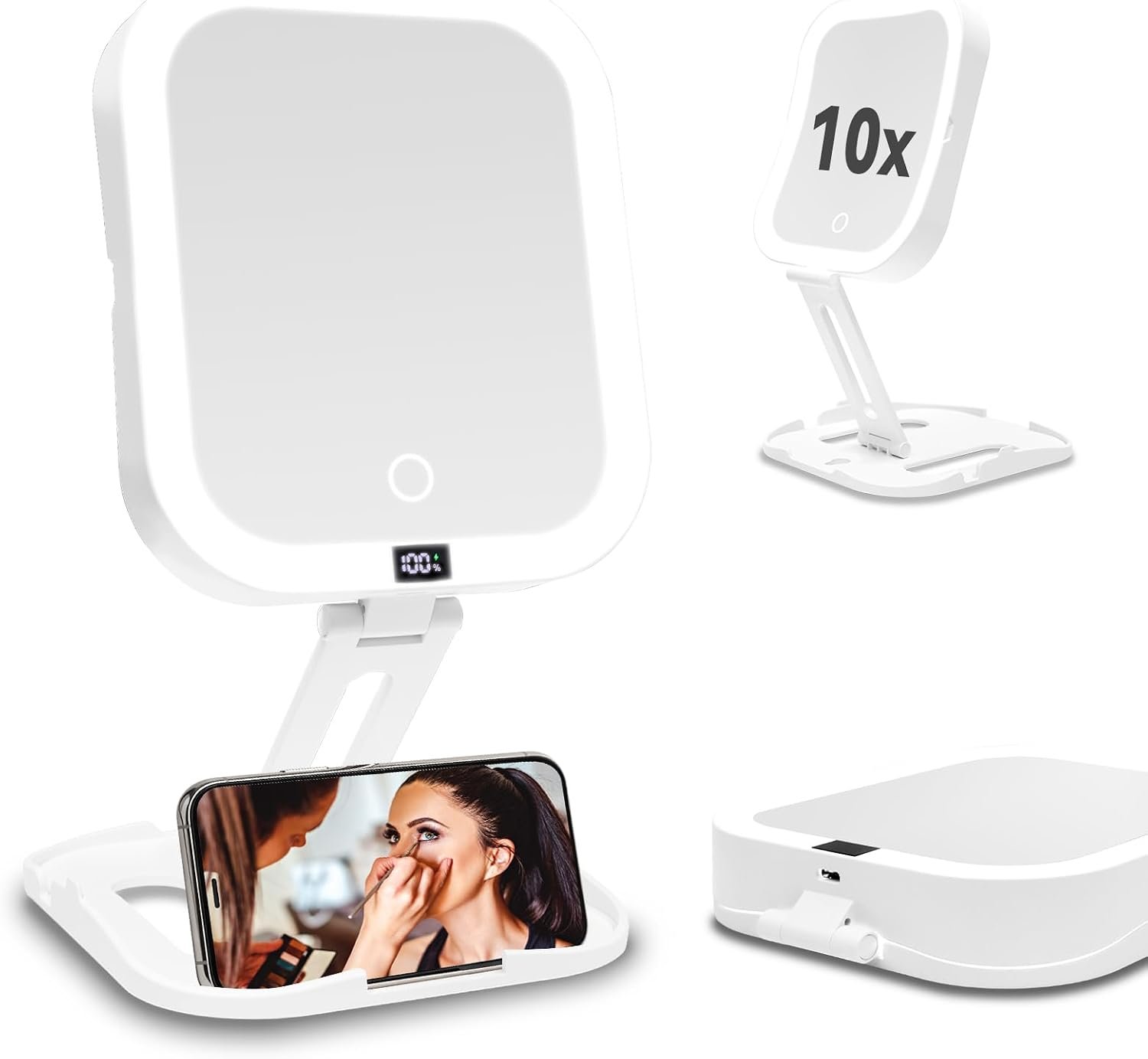 SANYCASA Travel Makeup Mirror with Lights 10X/1X, Rechargeable Magnifying Mirror with Smart Battery Display,3 Color Modes,Dimmable Touch Screen, Portable Mirror for Desk & Travel Hanging
