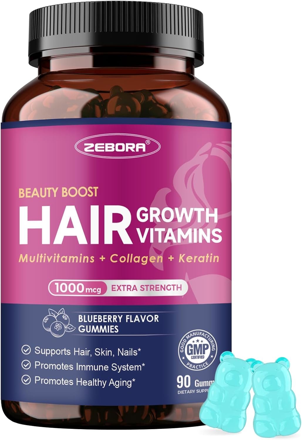 ZEBORA Biotin Gummies with Hyaluronic Acid & Keratin, 90 Blueberry Gummies