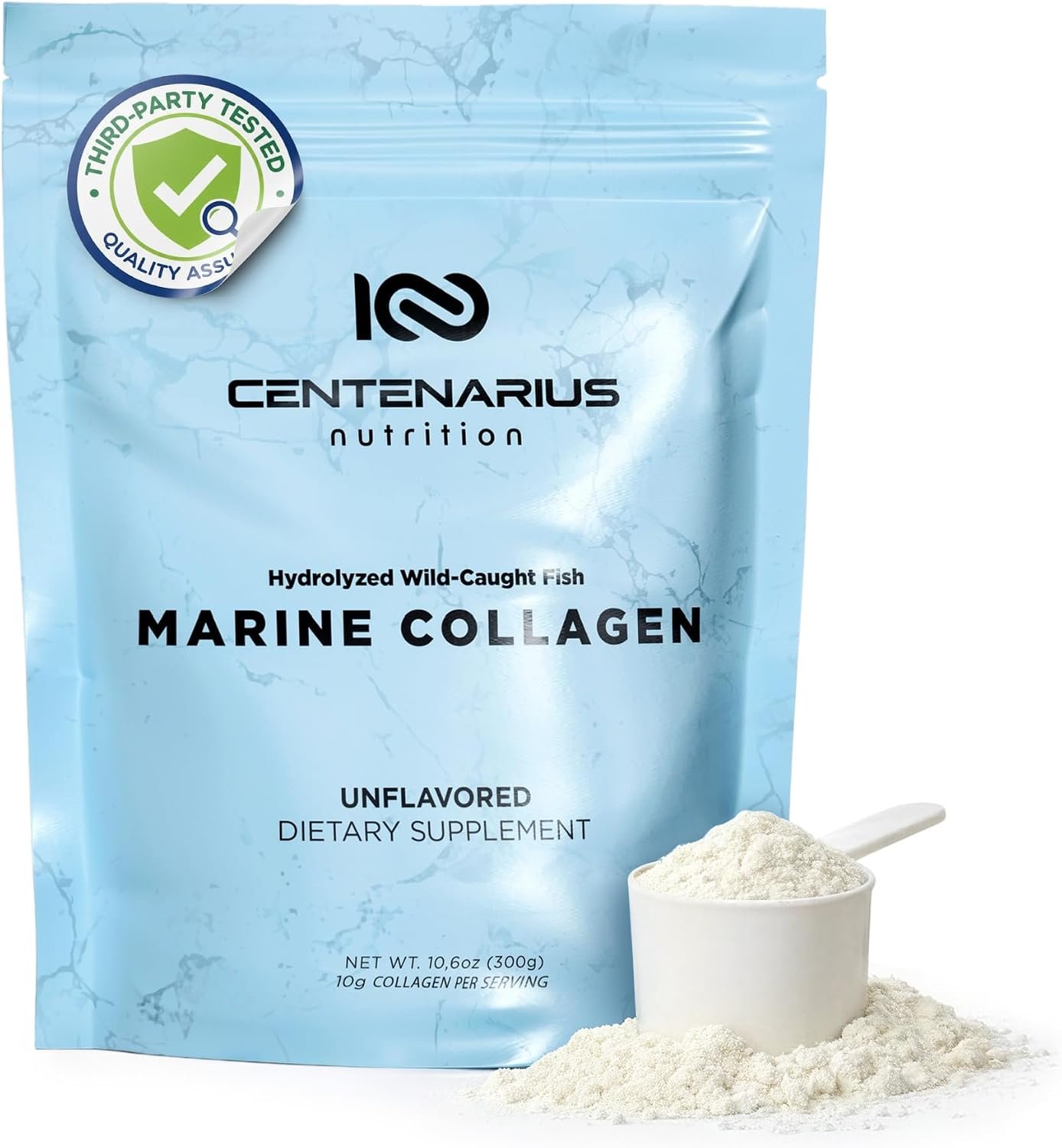 Marine Collagen Peptides Powder Unflavored 300g | Types I–IV Hydrolyzed Collagen from Wild-Caught Fish for Healthy Skin, Hair, Nails, Joints & Bones | Anti-Aging | Non-GMO | Centenarius Nutrition