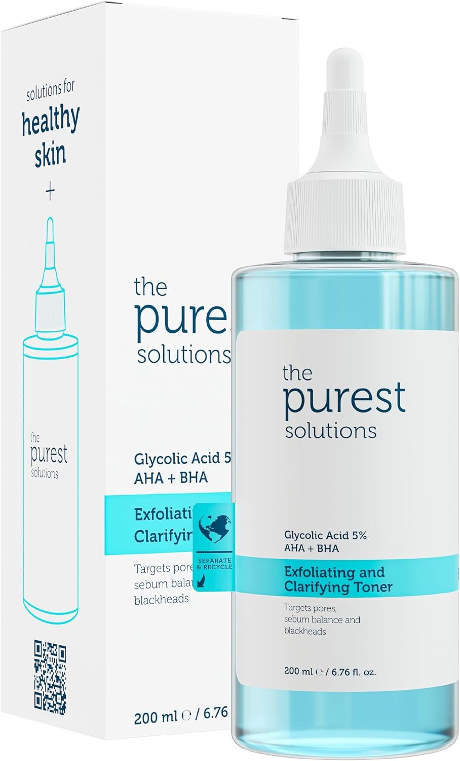 The Purest Solutions Exfoliating and Clarifying Toner (Glycolic Acid 5% AHA + BHA) – for All Skin Types – Balance Sebum Secretion – Reduce Pores Appearance – Vegan | Cruelty Free (6.76 fl. oz)