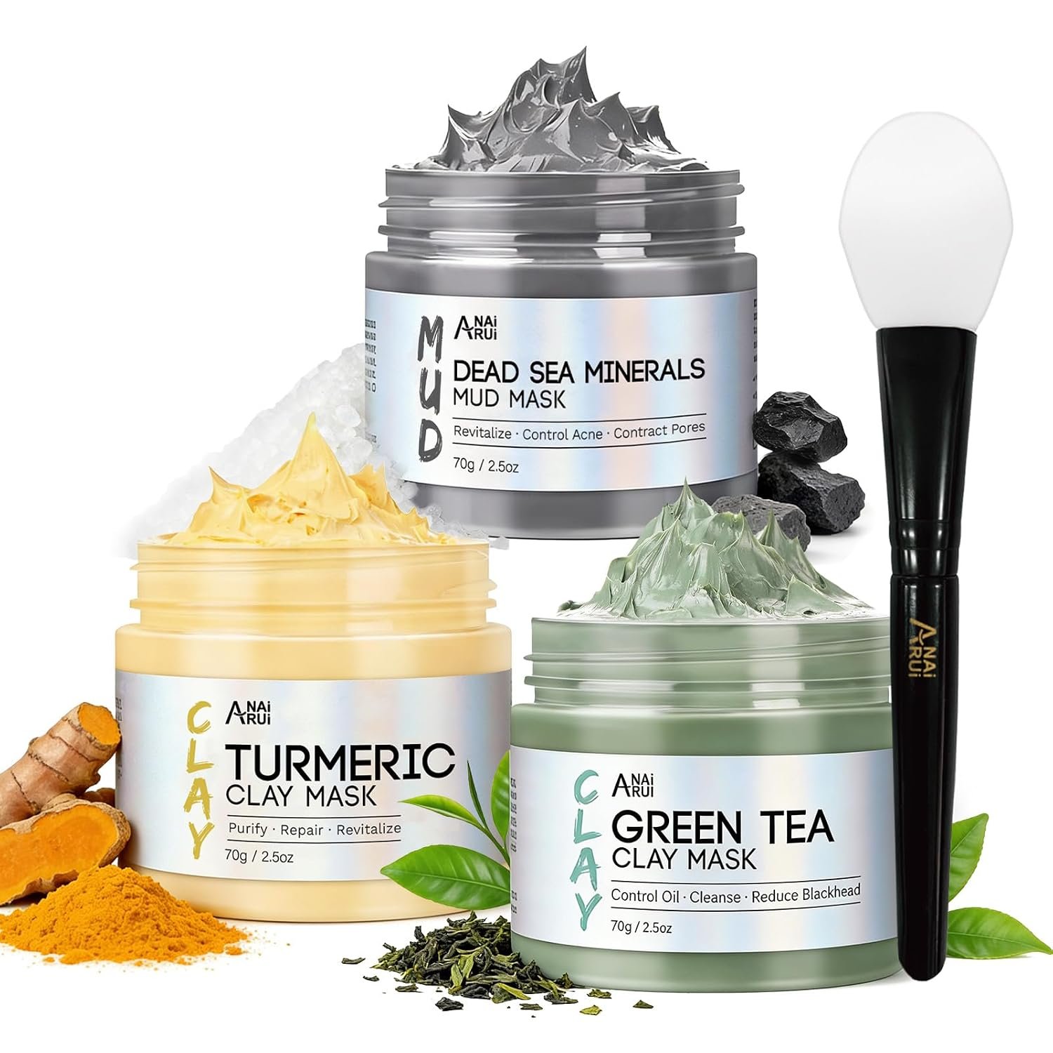 ANAI RUI 3-Pcs Face Mask Set, Turmeric, Green Tea & Dead Sea Clay Masks