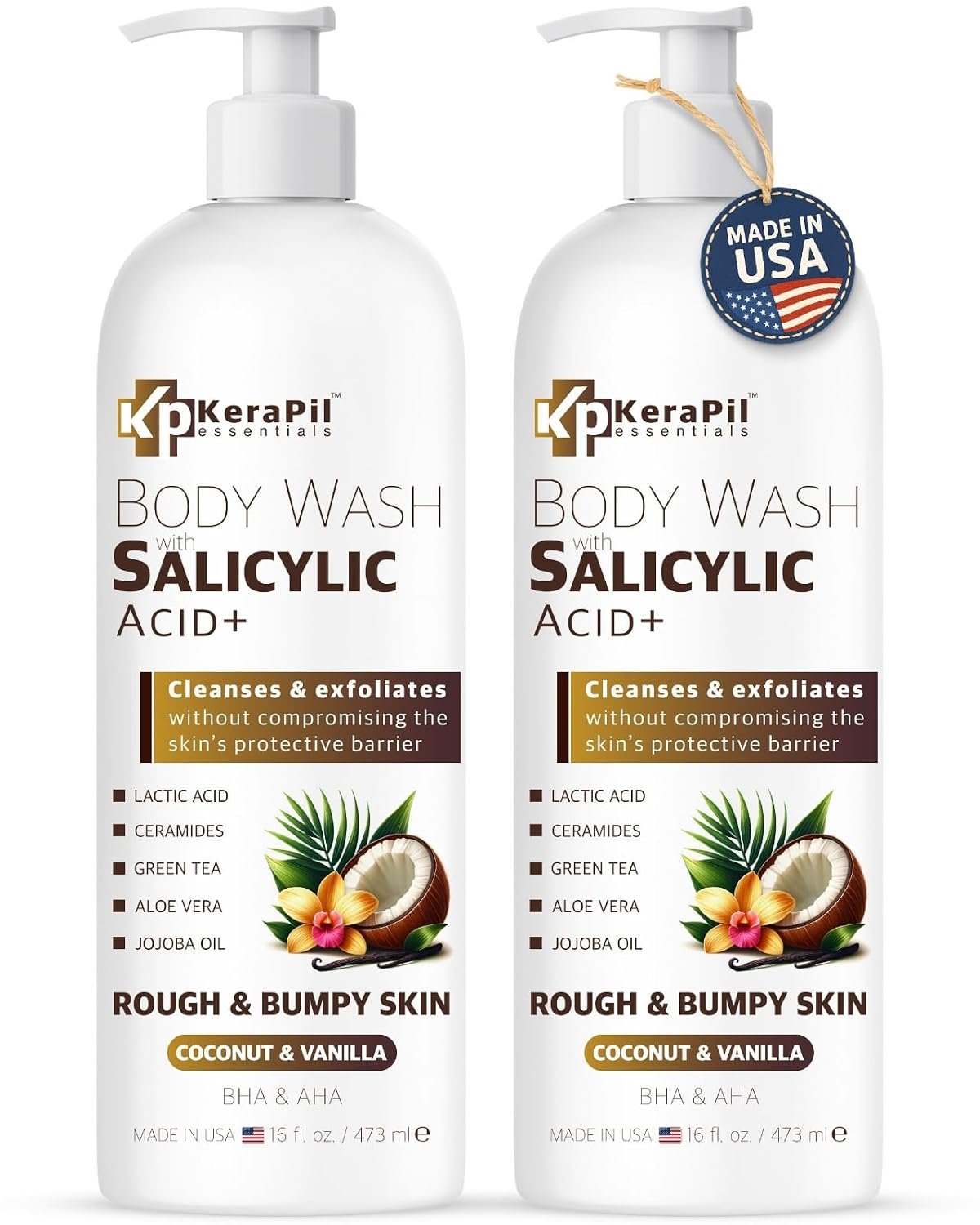 KERAPIL Exfoliating Body Wash, Coconut and Vanilla, 16 fl oz x 2