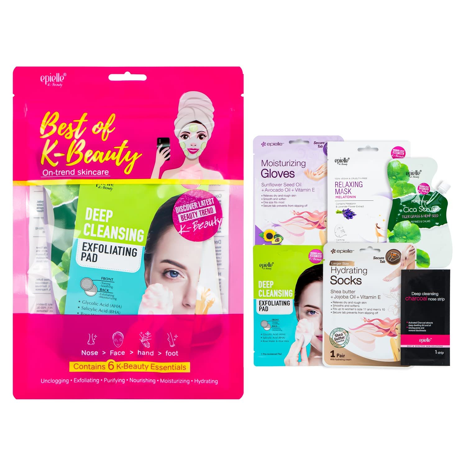 Epielle Best of K-Beauty Kit, 6 Home Spa Essentials, At-Home Spa Kit for Radiant Skin, Self Care Gifts for Women, Korean Skin Care Set, Stocking Stuffers