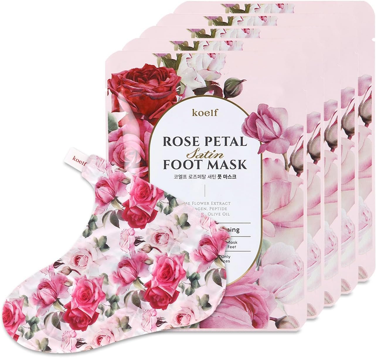 koelf Rose Petal Satin Foot Mask (5 Pairs) – Korean Skin Care, Nourishing & Moisturizing Socks, Rose Scented Foot Masks with Peptides, Collagen, Shea Butter & Urea for Soft, Smooth Feet
