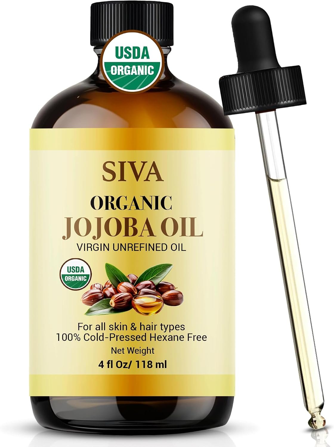 SIVA ORGANICS Jojoba Carrier Oil with Dropper, 4 Fl Oz (118 ml)
