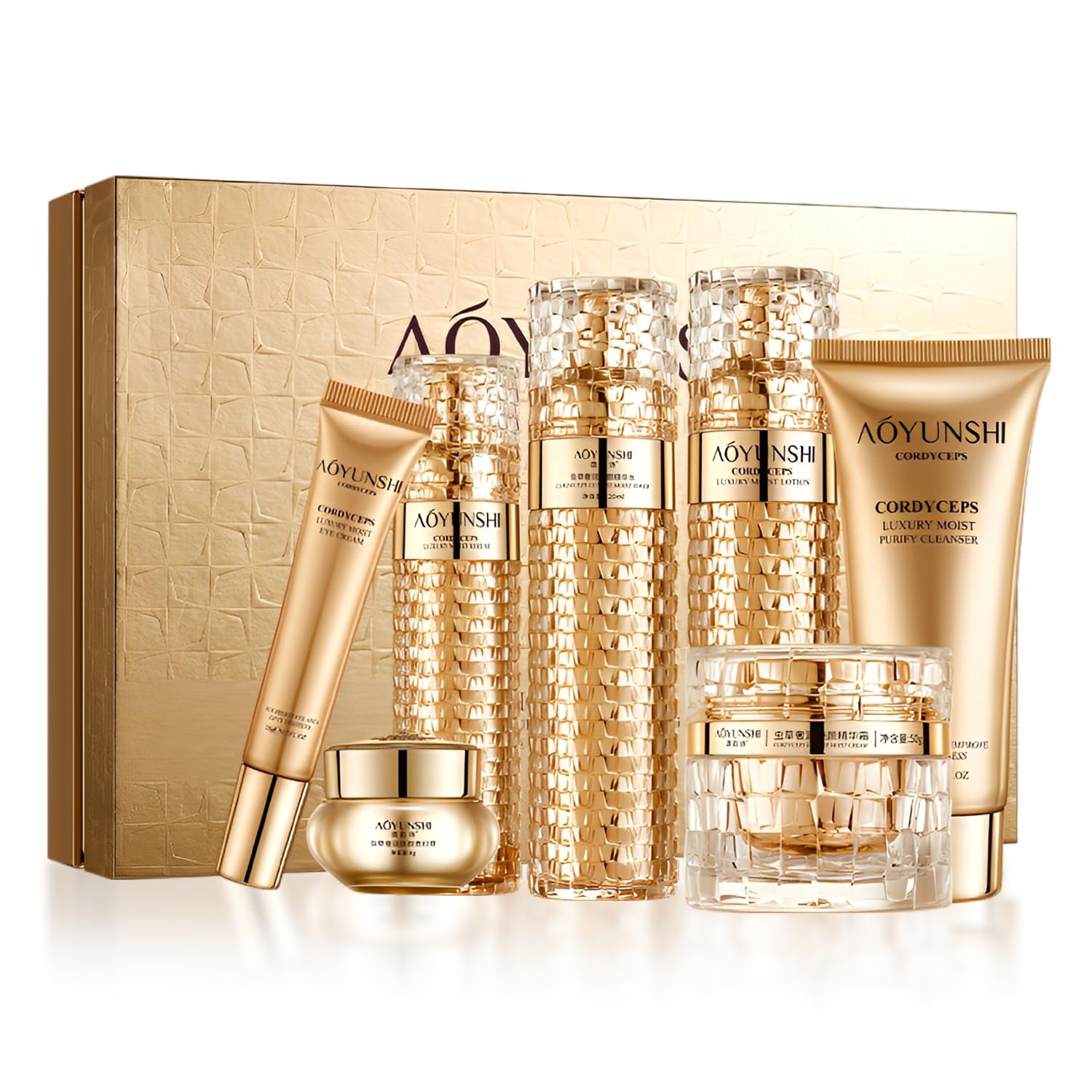 Luxurious Hydrating Skincare Gift Set with Cordyceps Extract – Includes Face Cleanser, Balm, Eye Cream, and 4-Piece Essence Set (Water, Serum, Emulsion, Cream)