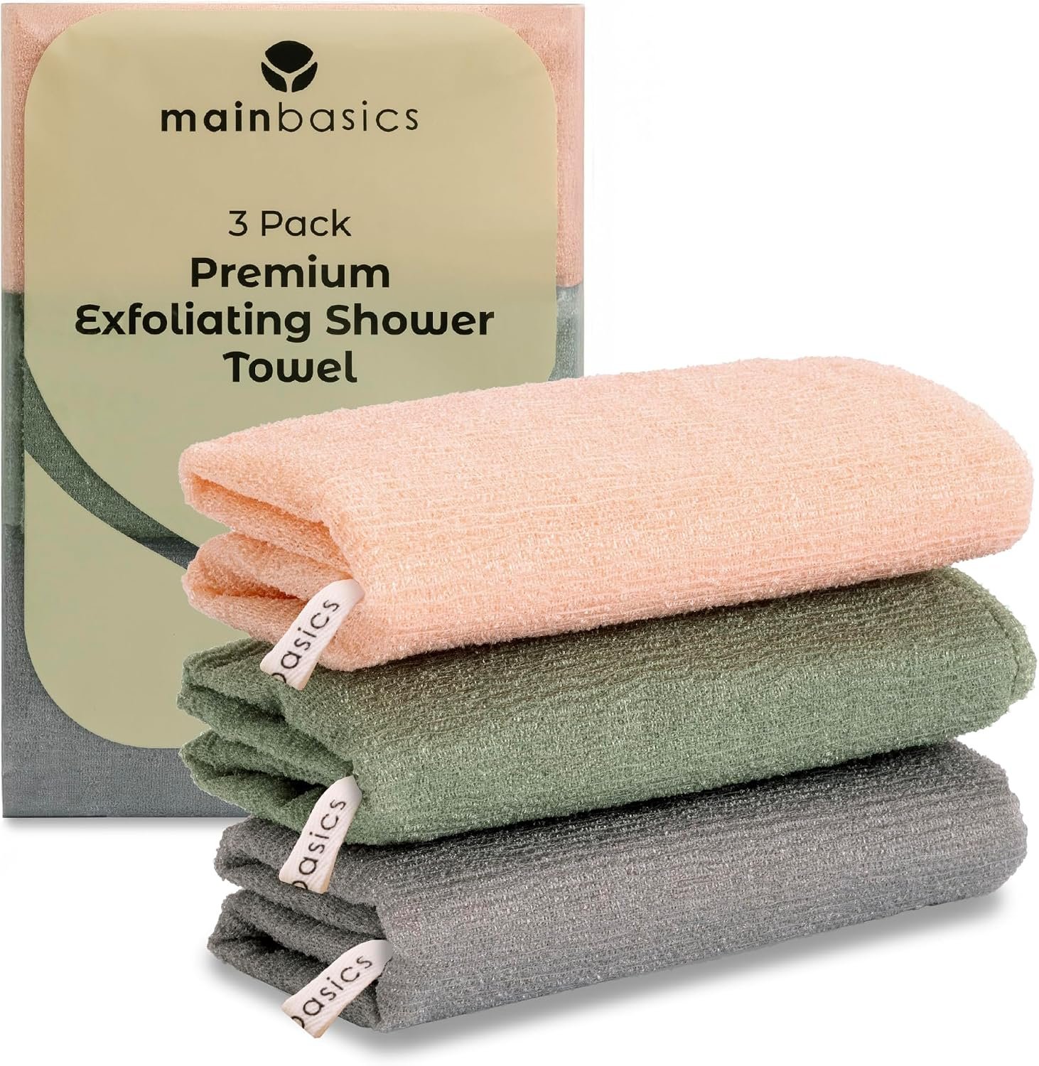 MainBasics Japanese Deep Exfoliating Shower Towel, 3 Pack, Earthy Love