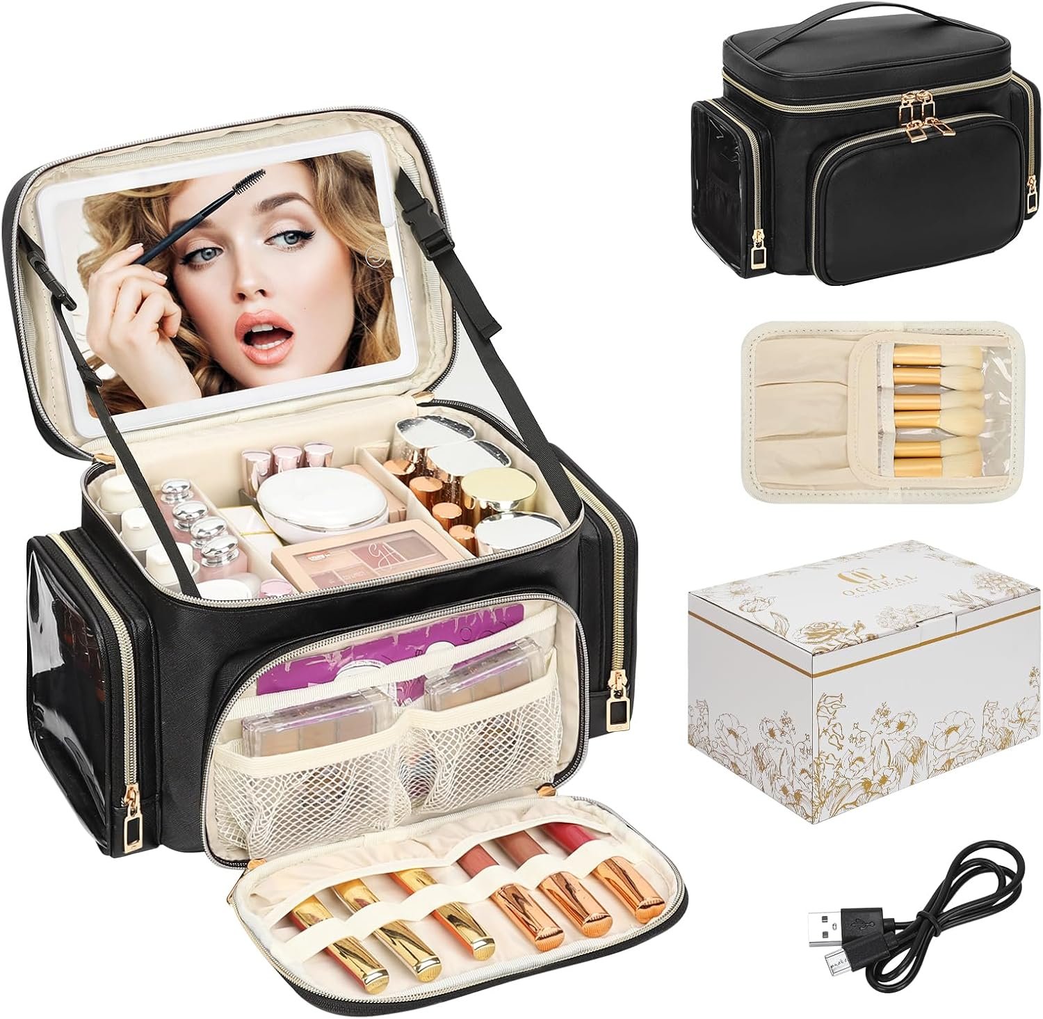 Large Makeup Bag with LED Mirror, Travel Makeup Bag Organizer, Black
