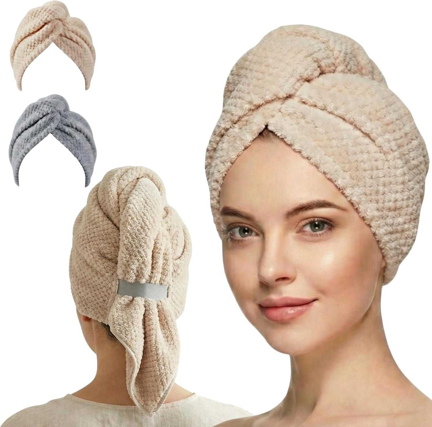 2 Pack Microfiber Hair Towel Wrap for Women with Button, 26 x 10 Inch