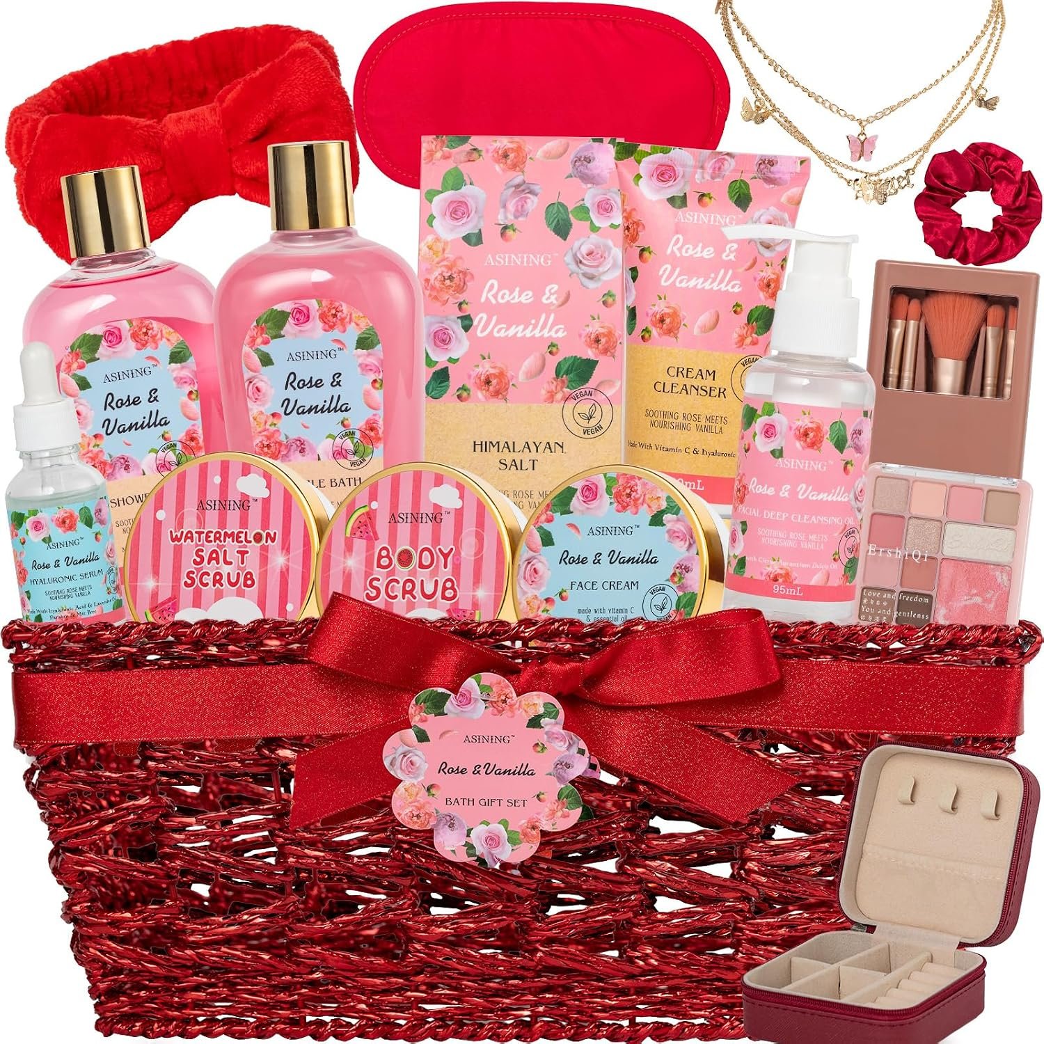 Gifts for Women, Rose Vanilla Bath & Body Gift Basket,Face Skin Care Set