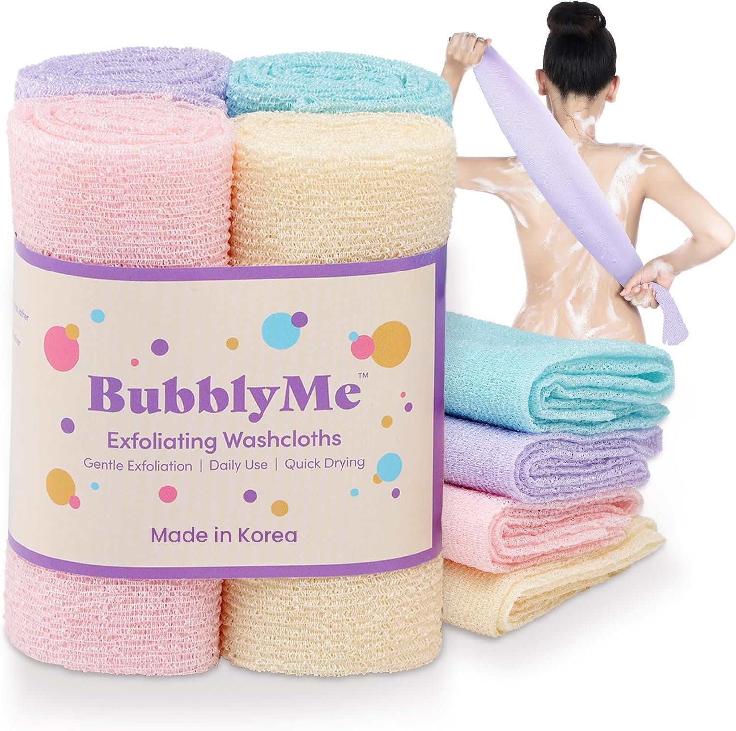 Korean Exfoliating Washcloths [4 Pack] – Daily Body Scrubber Towels for Shower, Back & Full-Body Use – Loofah Alternative, Quick-Drying Bath Cloths, Made in Korea