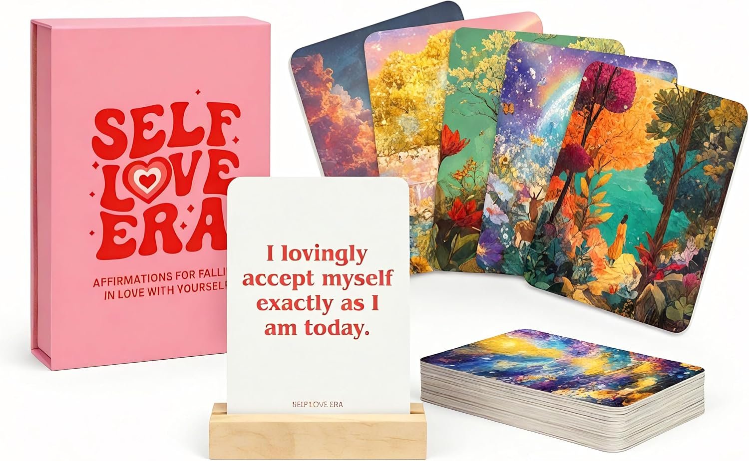 Self Love Affirmation Cards for Women – 52 Daily Positive Affirmation Deck with Wooden Stand & Magnetic Gift Box – Mindfulness & Motivation Cards for Self Care, Confidence & Personal Growth, greeting cards