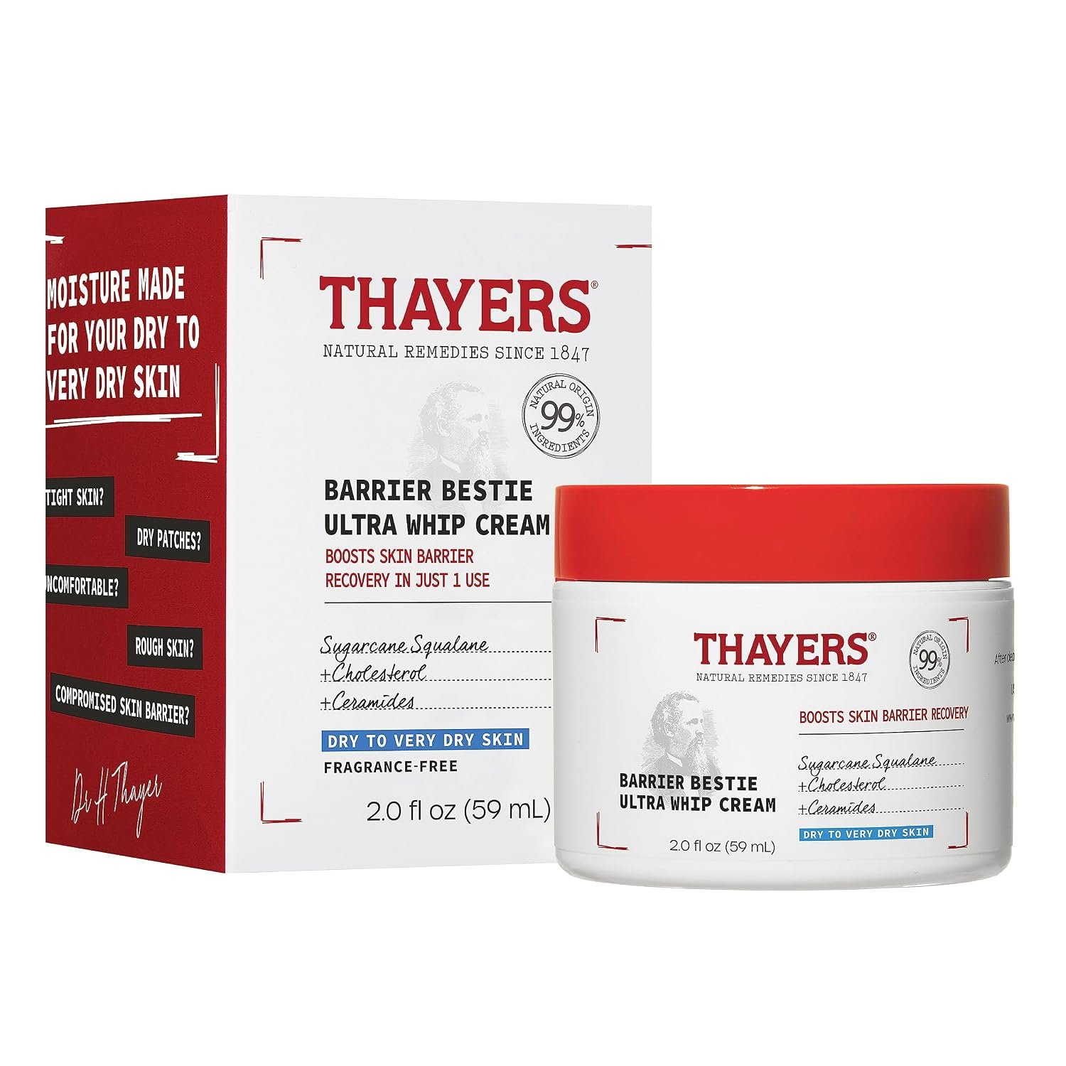 THAYERS Barrier Bestie Ultra Whip Face Cream, Moisturizer with Sugarcane Squalane and Ceramides, Skin Care for Dry to Very Dry Skin, 2.0 Oz