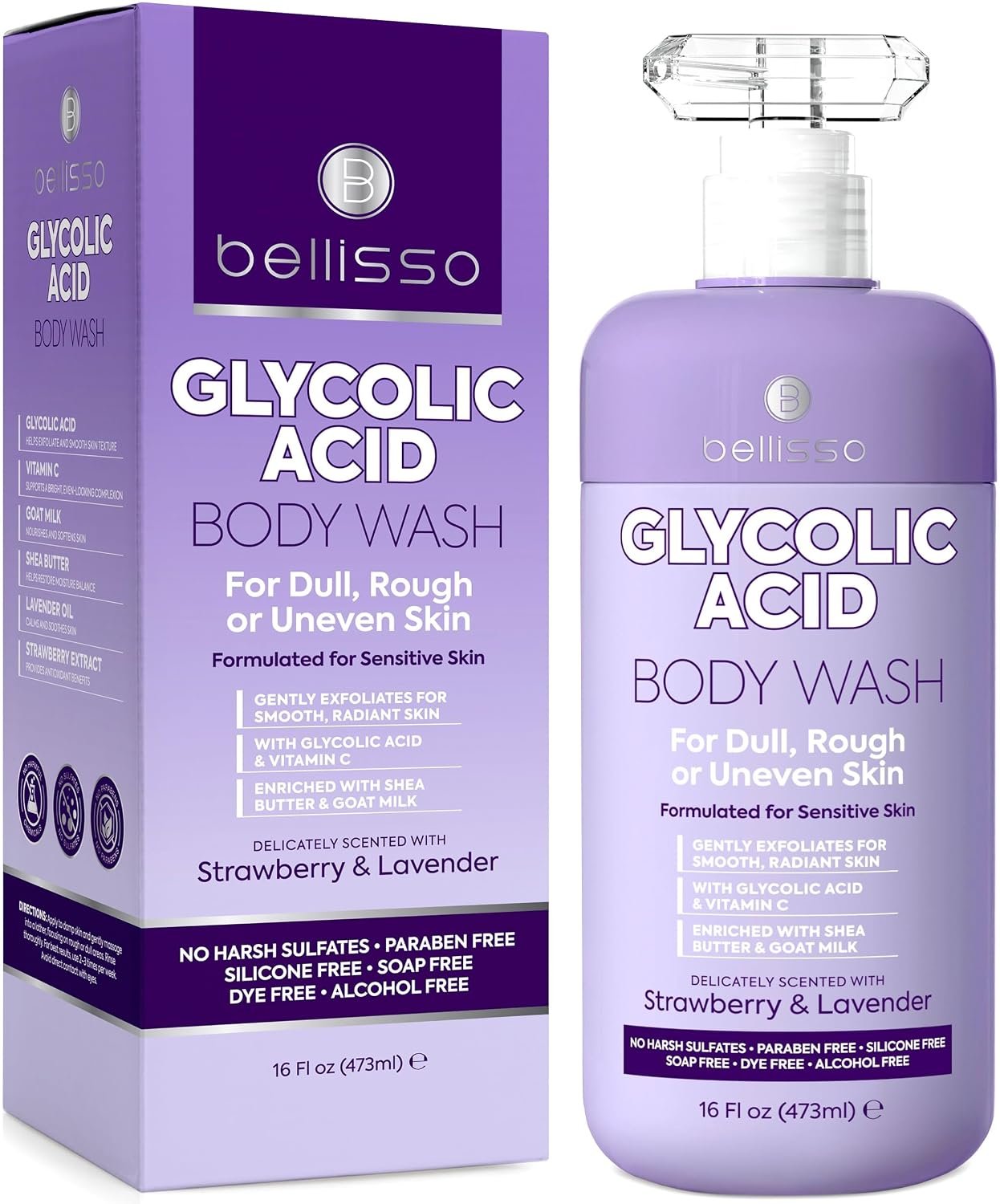 BELLISSO Glycolic Acid Body Wash – Exfoliating AHA Liquid Soap for Rough and Bumpy Skin – Gentle Exfoliant – Bump and Lump Eraser Formula – 16 Fl Oz