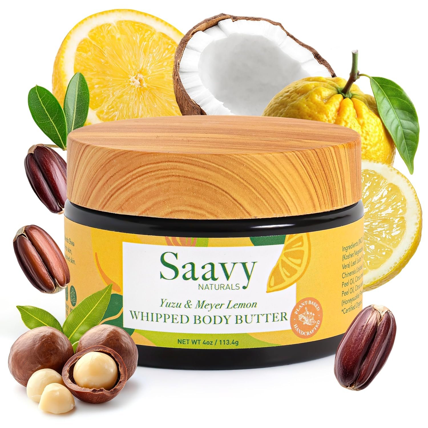 Saavy Naturals Whipped Body Butter – Made with Organic Shea Butter, Essential Body Care & Dry Skin Moisturizer for Women, Velvety Rich Cream Texture, Naturally Scented – Yuzu & Meyer Lemon, 4 oz