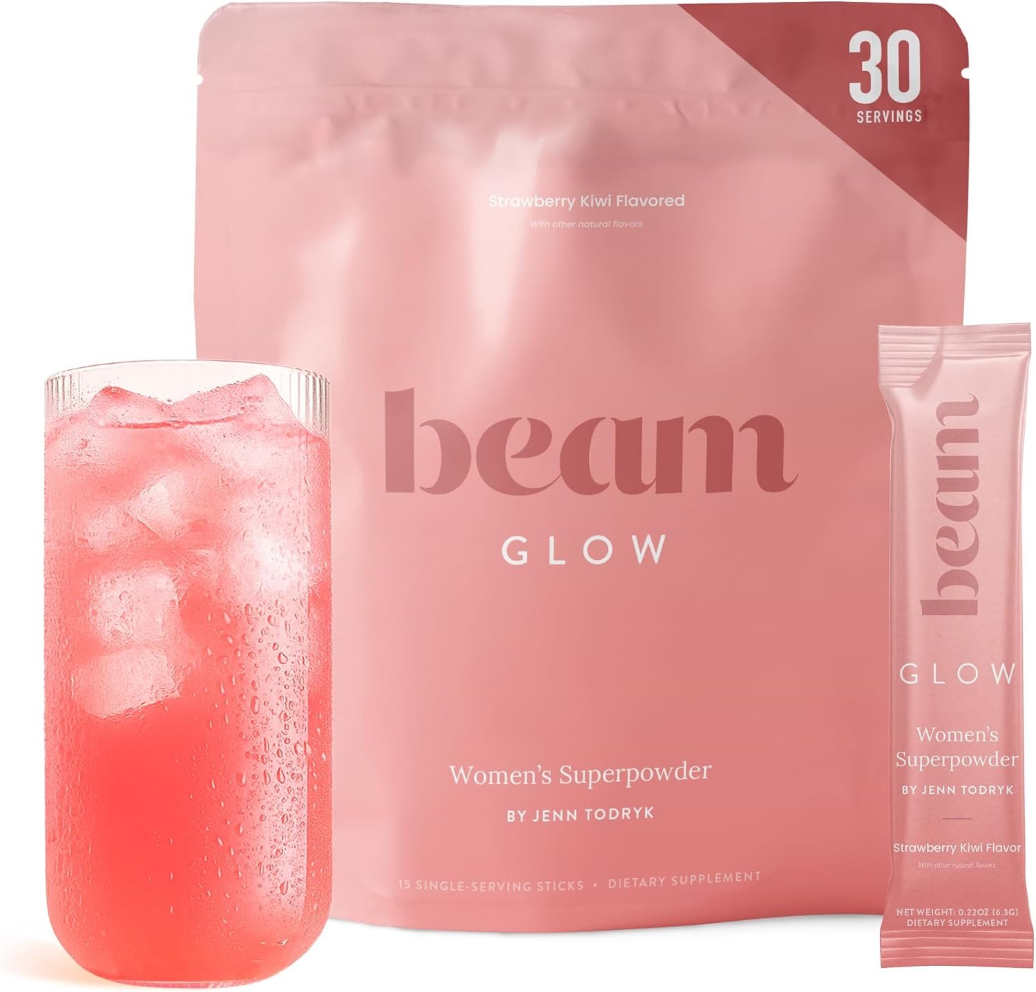 BEAM Glow Daily Wellness Supplement for Women – Ashwagandha, Selenium, Zinc, Vitamin A, Biotin & B Vitamins with Electrolytes, Caffeine-Free Drink Mix, Strawberry Kiwi, 30 Servings
