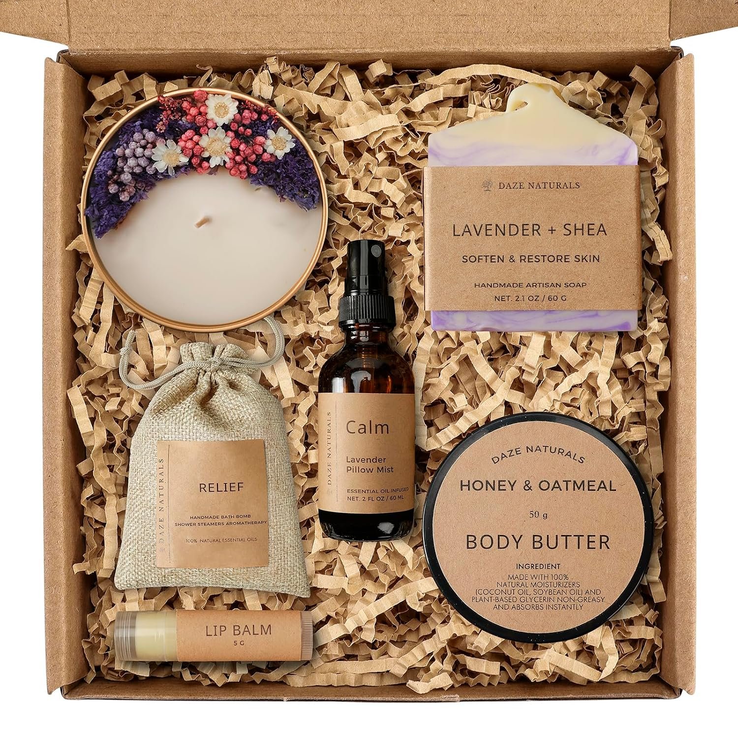 Bath Gift Set, Spa Gifts for Women, Self Care Products for Women, Lavender & Cream Soap Bar, Calm Pillow Mist, Bath Bomb & Shower Steamer, Body Butter and Lip Balm
