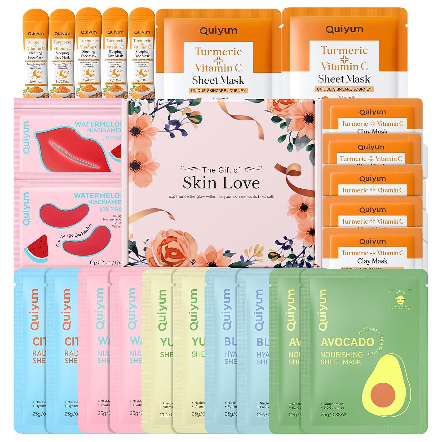 QUIYUM 26PCS Face Masks& Lip& Eye Masks Skin Care Set for Women Teens Girl